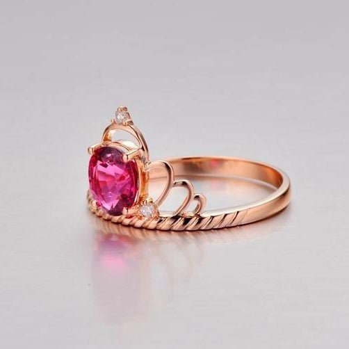 Oval Pink Tourmaline Engagement Diamond Crown Ring 14K Rose Gold - Lord of Gem Rings