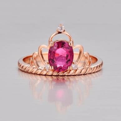 Oval Pink Tourmaline Engagement Diamond Crown Ring 14K Rose Gold