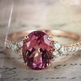 Oval Pink Tourmaline Trio Diamond Accents Ring 14K Gold - Lord of Gem Rings