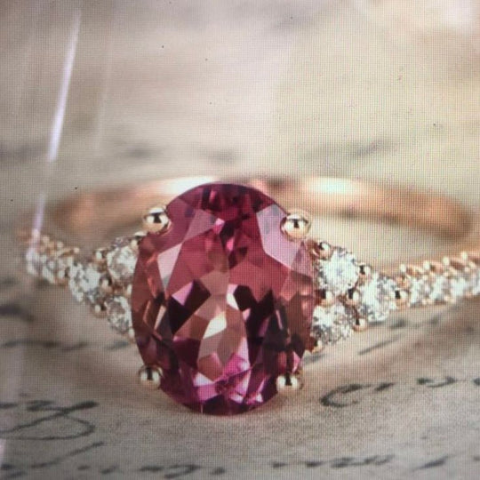 Oval Pink Tourmaline Trio Diamond Accents Ring 14K Gold