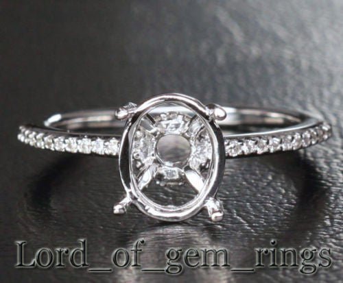 Oval Semi Mount Ring Pave Diamond Shank 14K White Gold 7x9mm - Lord of Gem Rings