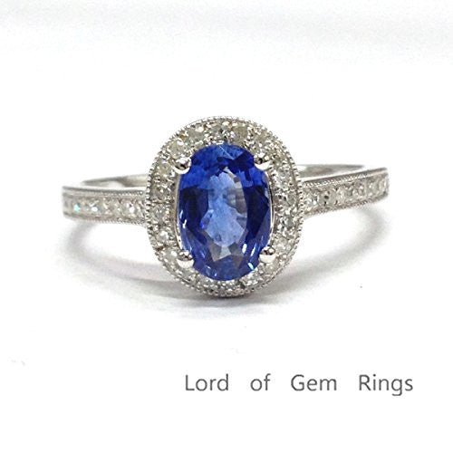 Oval Tanzanite Milgrain Diamond Halo Engagement Ring 14K White Gold