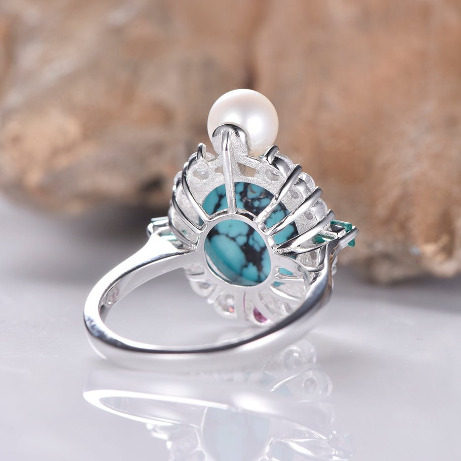 Oval Turquoise Pearl Tourmaline Moissanite Cathedral Art Nouveau Ring - Lord of Gem Rings
