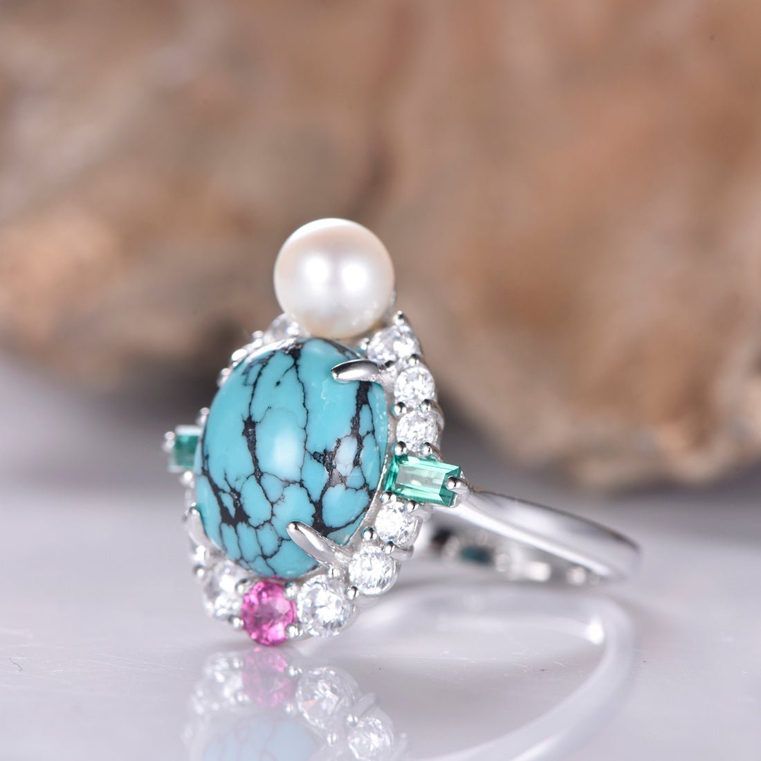 Oval Turquoise Pearl Tourmaline Moissanite Cathedral Art Nouveau Ring - Lord of Gem Rings