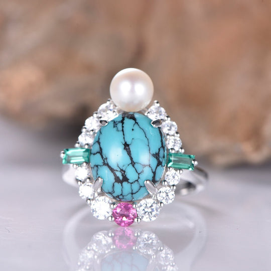 Oval Turquoise Pearl Tourmaline Moissanite Cathedral Art Nouveau Ring