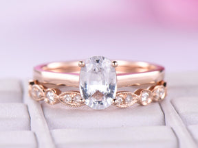 Oval White Topaz Art Deco Diamond Bridal Set 14K Rose Gold - Lord of Gem Rings