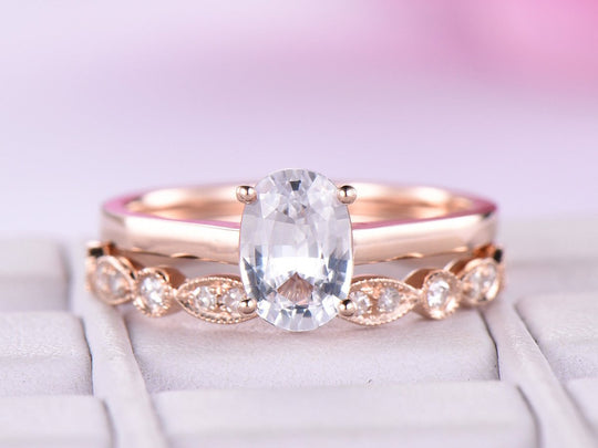 Oval White Topaz Art Deco Diamond Bridal Set 14K Rose Gold