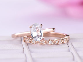 Oval White Topaz Art Deco Diamond Bridal Set 14K Rose Gold - Lord of Gem Rings