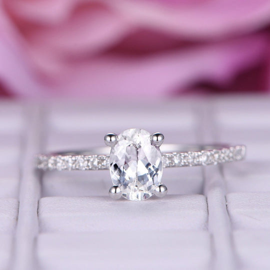 Oval White Topaz Engagement Ring Diamond Accents 14K White Gold