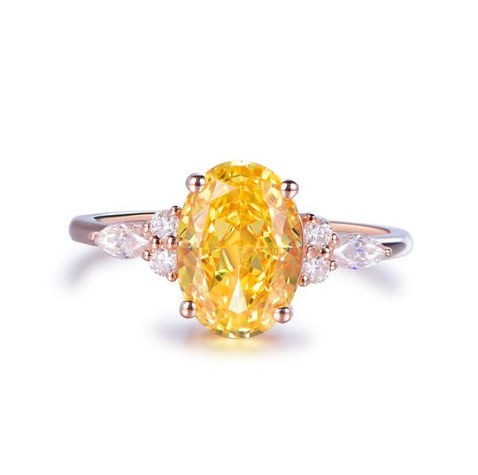 Oval Yellow Moissanite Engagement Ring with Marquise Moissanite accent