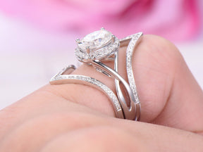 Passionate Love Oval Moissanite Bridal Set Diamond Chevron Ring Guard - Lord of Gem Rings