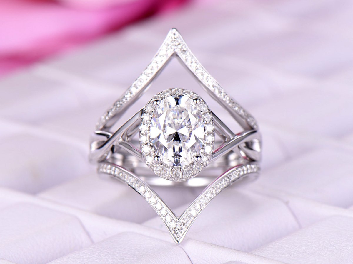 Passionate Love Oval Moissanite Bridal Set Diamond Chevron Ring Guard - Lord of Gem Rings