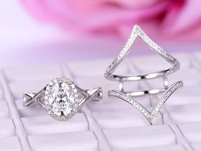 Passionate Love Oval Moissanite Bridal Set Diamond Chevron Ring Guard - Lord of Gem Rings