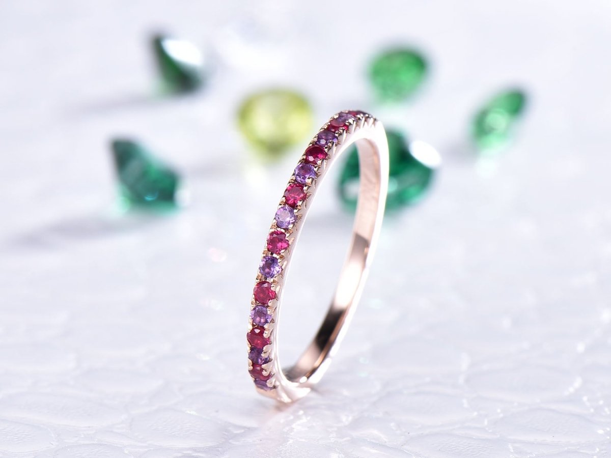 Pave-Set Amethyst Ruby Half Eternity February July Birthstone Band - Lord of Gem Rings