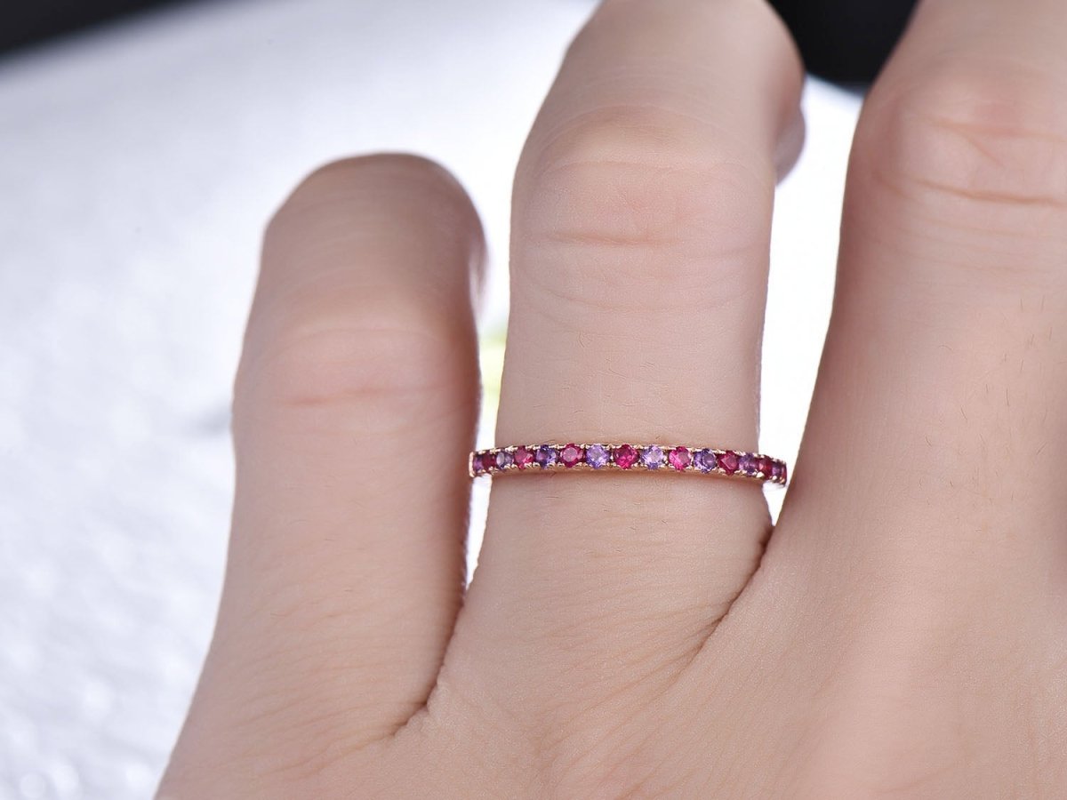 Pave-Set Amethyst Ruby Half Eternity February July Birthstone Band - Lord of Gem Rings