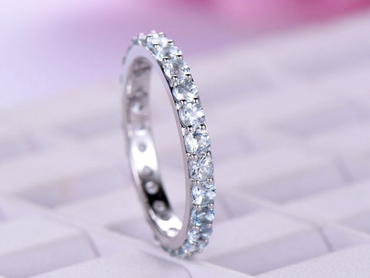 Pave-Set Aquamarine Full Eternity March Birthstone Band
