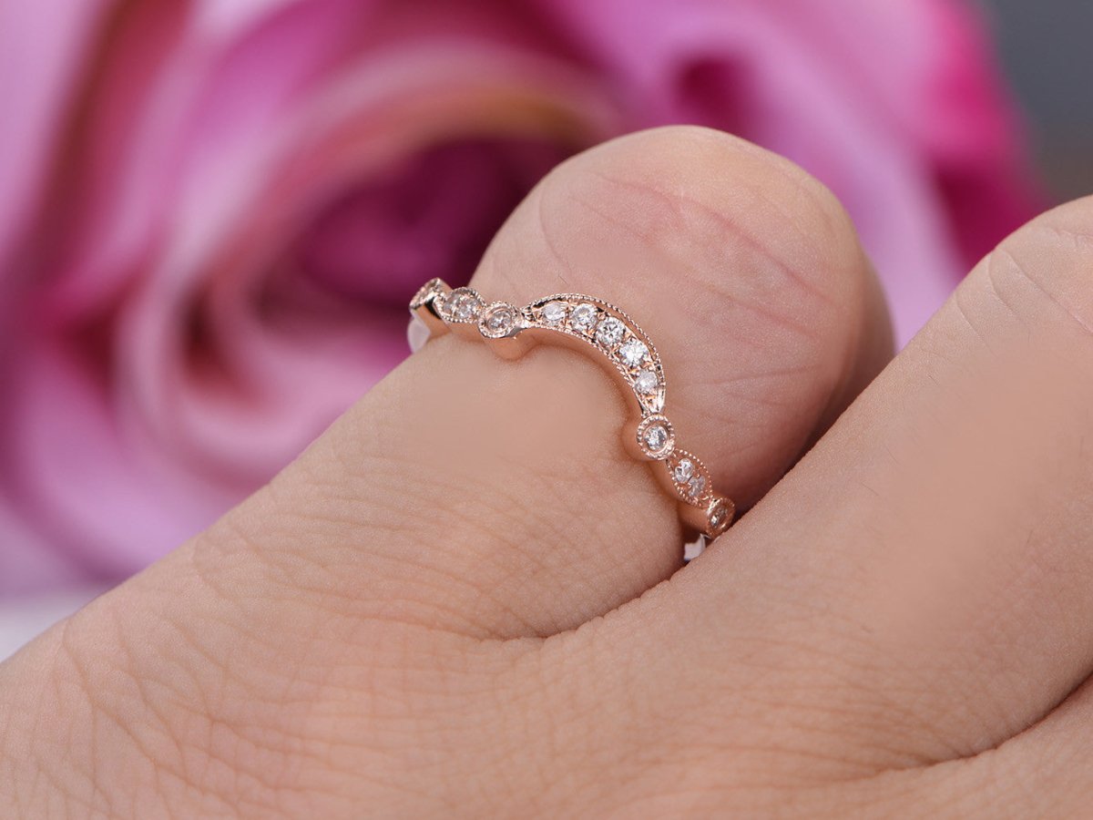 Pave-Set Diamond 5-Stones in Crescent Wedding Band 14K Rose Gold - Lord of Gem Rings