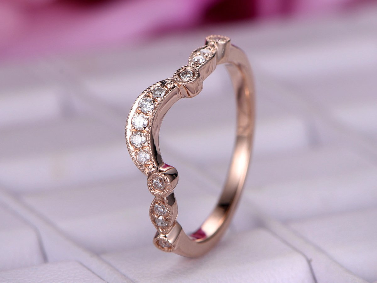 Pave-Set Diamond 5-Stones in Crescent Wedding Band 14K Rose Gold - Lord of Gem Rings