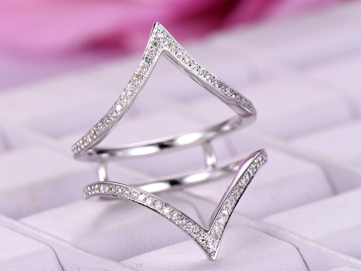 Pave-Set Diamond Deep V Chevron Ring Guard 14k White Gold Symmetrical - Lord of Gem Rings