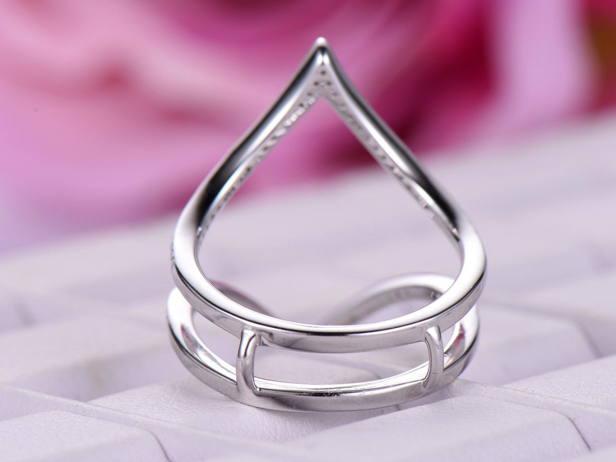 Pave-Set Diamond Deep V Chevron Ring Guard 14k White Gold Symmetrical - Lord of Gem Rings