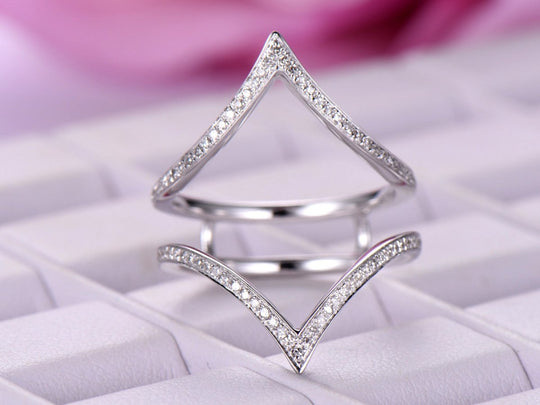 Pave-Set Diamond Deep V Chevron Ring Guard 14k White Gold Symmetrical