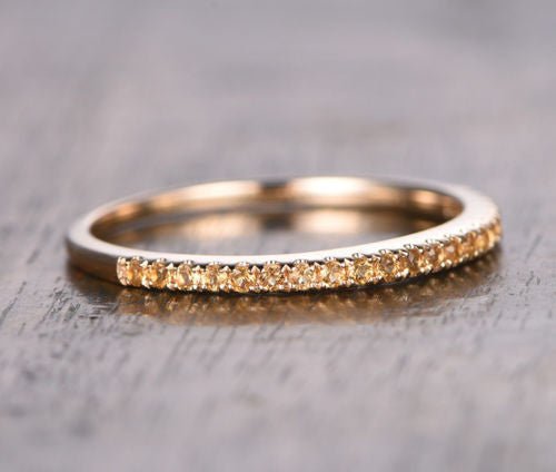 Pave Yellow Citrine Wedding Band Half Eternity Anniversary Ring 14K Rose Gold - Lord of Gem Rings