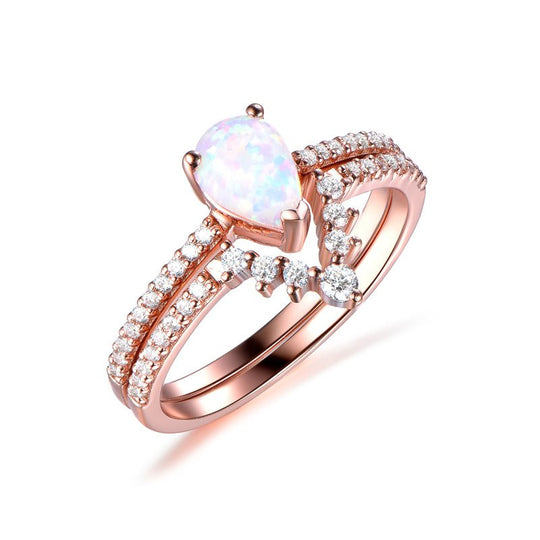 Pear Africa Opal Curved Diamond Wedding  Bridal Set 14K Rose Gold