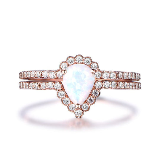 Pear Africa Opal Diamond Half Halo Bridal Set 14K Rose Gold