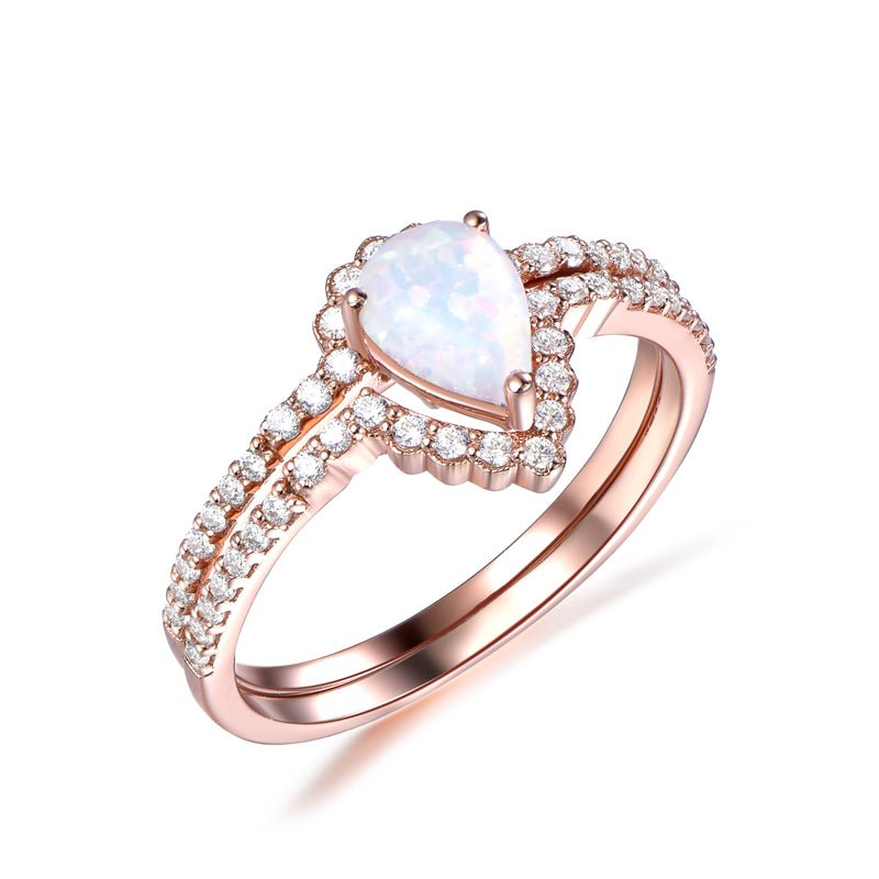 Pear Africa Opal Diamond Half Halo Bridal Set 14K Rose Gold - Lord of Gem Rings