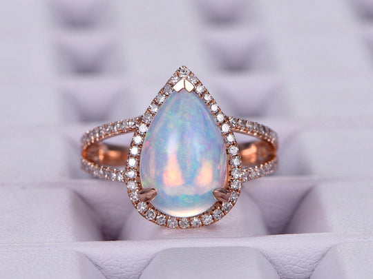 Pear Africa Opal Diamond Halo Split Shank Engagement Ring