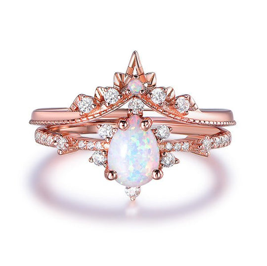 Pear Africa Opal Diamond Vintage Bridal Set 14K Rose Gold