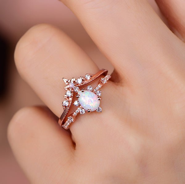 Pear Africa Opal Diamond Vintage Bridal Set 14K Rose Gold - Lord of Gem Rings