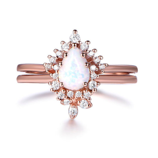 Pear Africa Opal Half Halo Diamond Chevron Band Tiara Bridal Set