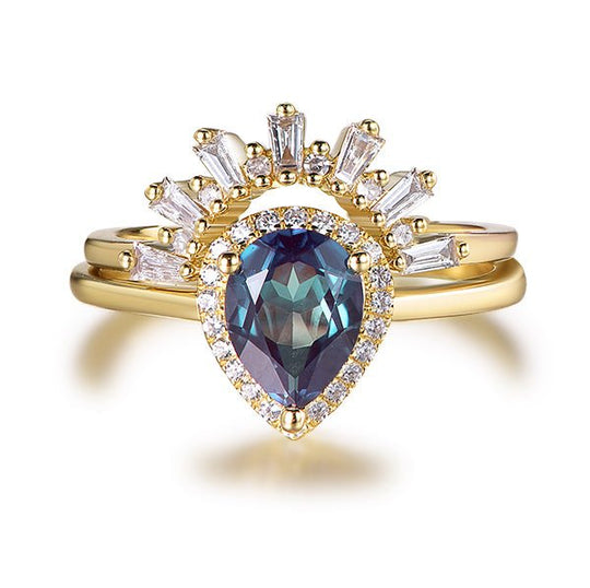Pear Alexandrite Baguette Diamond Bridal Set 14K Yellow Gold