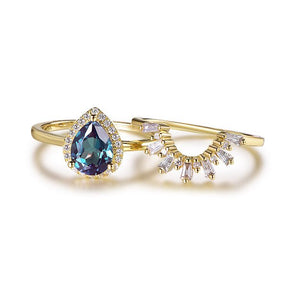 Pear Alexandrite Baguette Diamond Bridal Set 14K Yellow Gold - Lord of Gem Rings