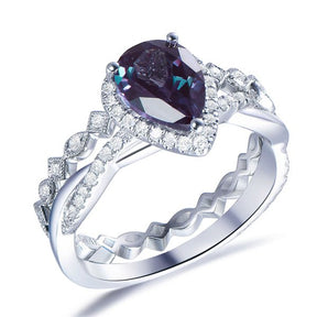 Pear Alexandrite Diamond Bridal Set 14K White Gold - Lord of Gem Rings