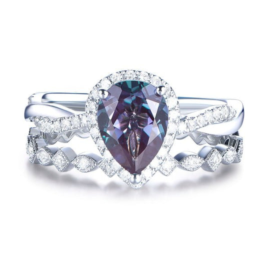Pear Alexandrite Diamond Bridal Set 14K White Gold