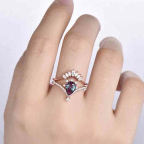 Pear Alexandrite Diamond Engagement Ring & Diamond Contour Wedding Band - Lord of Gem Rings