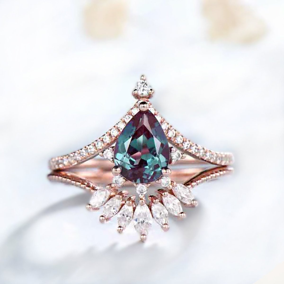 Pear Alexandrite Diamond Engagement Ring & Diamond Contour Wedding Band - Lord of Gem Rings