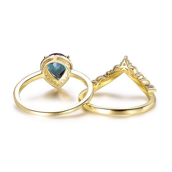 Pear Alexandrite Diamond Halo Chevron Bridal Set 14K Yellow Gold - Lord of Gem Rings