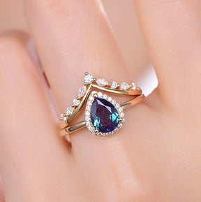 Pear Alexandrite Diamond Halo Chevron Bridal Set 14K Yellow Gold - Lord of Gem Rings