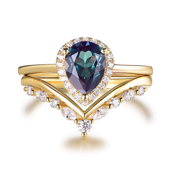 Pear Alexandrite Diamond Halo Chevron Bridal Set 14K Yellow Gold