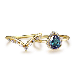 Pear Alexandrite Diamond Halo Chevron Bridal Set 14K Yellow Gold - Lord of Gem Rings