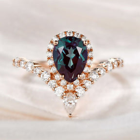 Pear Alexandrite Diamond Halo Engagement Ring 14K Rose Gold - Lord of Gem Rings