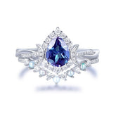 Pear Alexandrite Pearl Diamond Crescent Bridal Set 14K White Gold - Lord of Gem Rings
