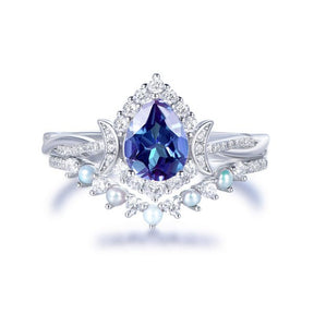 Pear Alexandrite Pearl Diamond Crescent Bridal Set 14K White Gold - Lord of Gem Rings
