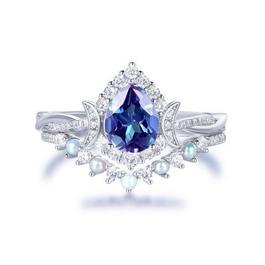 Pear Alexandrite Pearl Diamond Crescent Bridal Set 14K White Gold