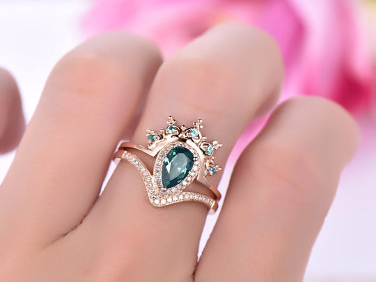Pear Alexandrite Tiara Enhancer Bridal Set Alexandrite 14K Rose Gold