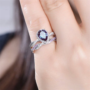 Pear Alexandrite Twisted Ring Amethyst Diamond Band Bridal Set 14K White Gold - Lord of Gem Rings