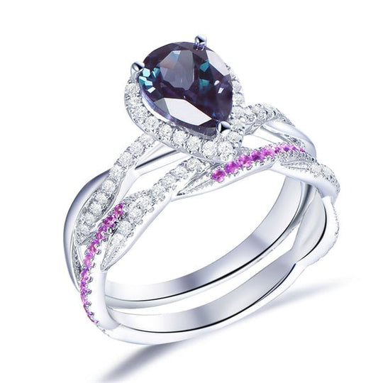 Pear Alexandrite Twisted Ring Amethyst Diamond Band Bridal Set 14K White Gold